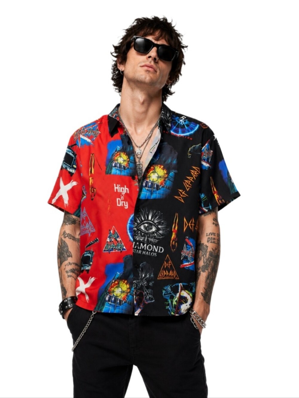 Reason Def Leppard Allover Print Viscose Button Down Shirt 